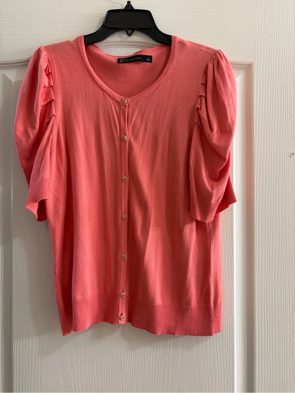 New York & Company Coral Button-Front Puff Sleeve Cardigan